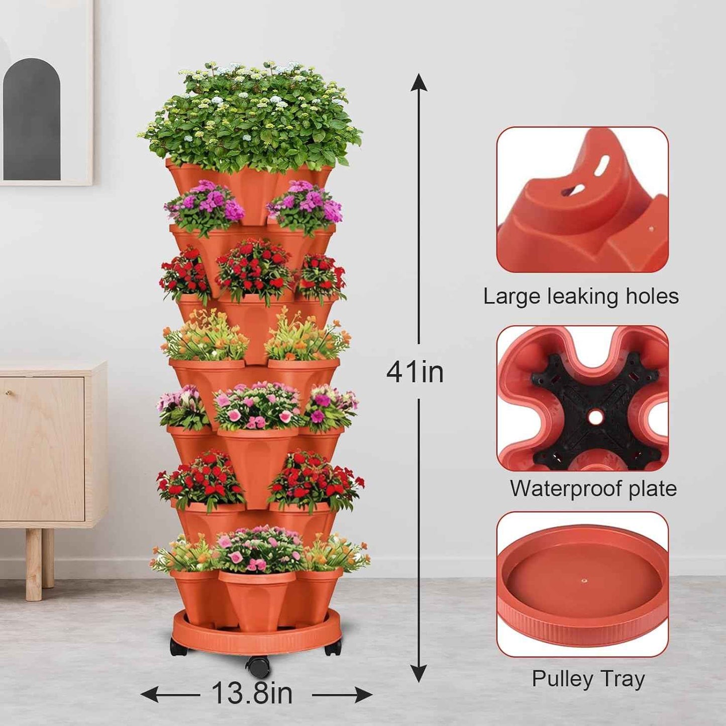 7 Tier Vertical Strawberry Planter-Tower Stackable Herb Planter Stacking Garden Planters Pot Outdoor with Tools Mover for Growing Flowers, Vegetables and Succulents, Red