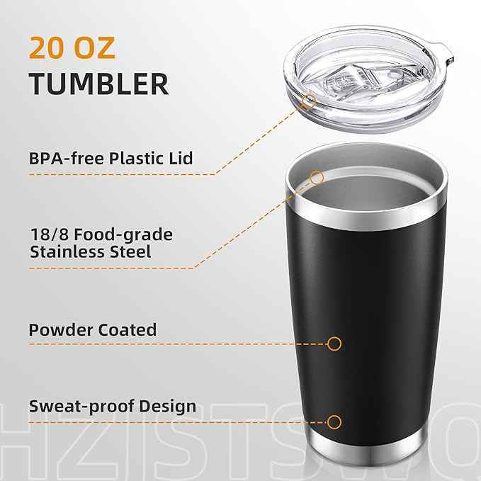 20 oz Tumbler Bulk with Lid Stainless Steel Insulated Tumblers Double Wall Vacuum Coffee Mug Powder Coated Tumbler Cups for Cold and Hot Drinks, Black, 12 pack