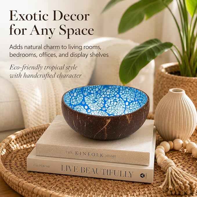 ChezMax Natural Coconut Bowl with Mother of Pearl Inlaid Shell - Handcrafted Home Decoration, Entryway Table Key Bowl or Candy Container, Fruit and Nuts Holder (Blue)