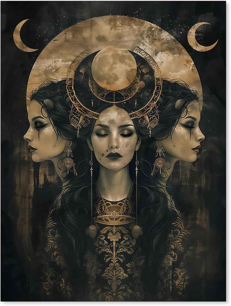 MWZUPQ Goth Dark Horror Witch Poster Vintage Hecate Moon Goddess Wall Art Victorian Mystical Art Canvas Print for Spooky Room Home Wall Decor 12X16 inch Unframed