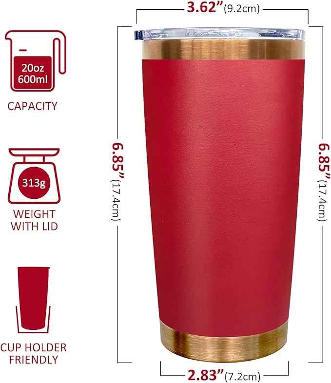 20 oz Tumblers Stainless Steel Tumbler with Lid and Straw Insulated Copper Coffee Mug for Laser Graving 21oz Powder Coated Cup(Red,6 pack)