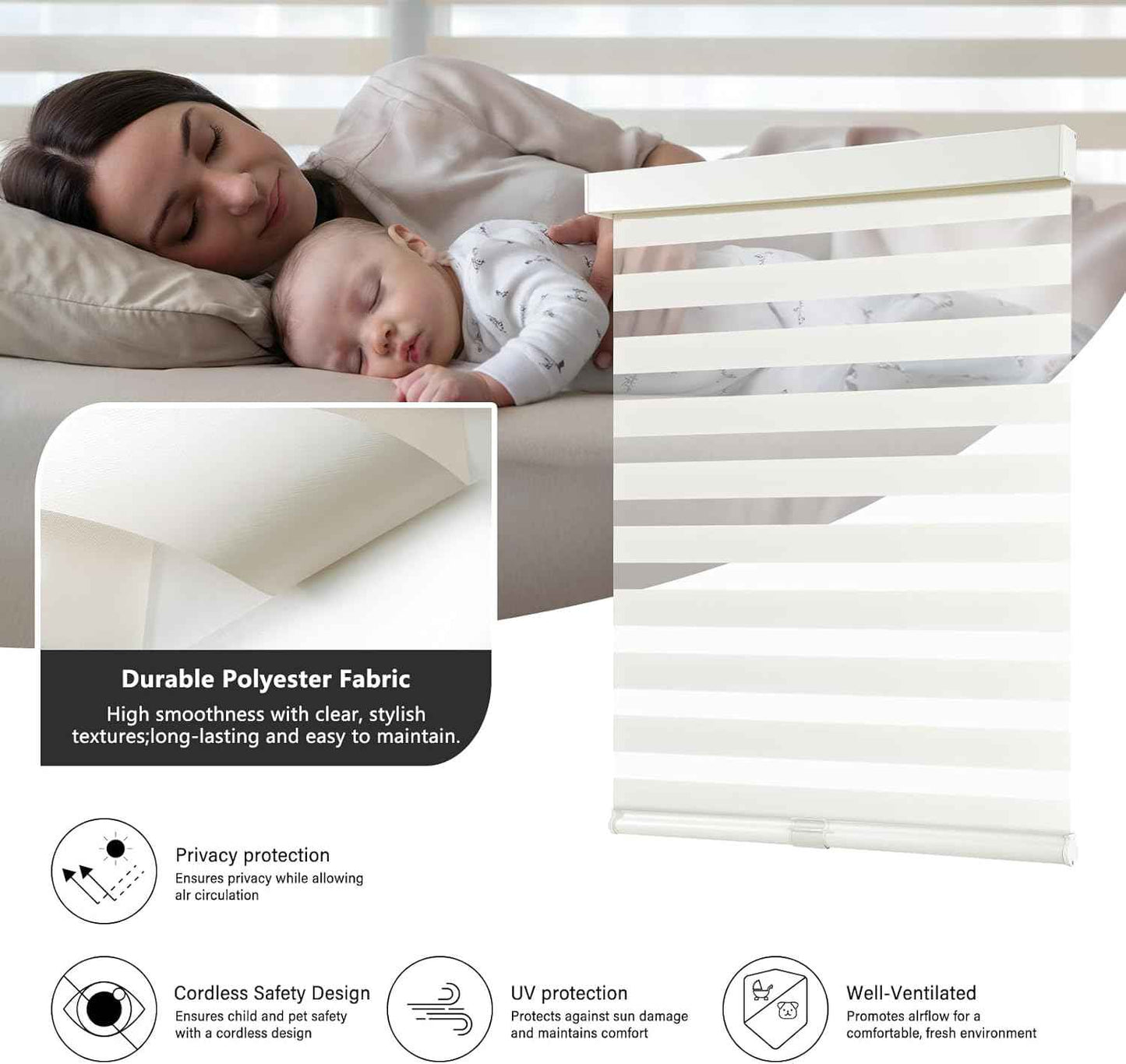 AOSKY Cordless Zebra Blinds for Windows Pull Down Roller Window Shades Dual Layer Light Filtering Privacy for Day and Night, Free-Stop Door Shades for Home Easy to Install (53" W X 72" H, Beige)