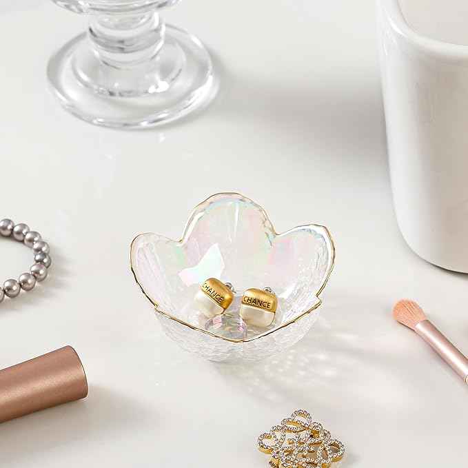 White Flower Jewelry Dish Glass Ring Dish Jewelry Tray Cute Vanity Organizer Room Decor Aesthetic Nightstand Bathroom Decor Trinket Dish Ring Holder Jewellery Tray Valentine's Birthday Gifts for Women