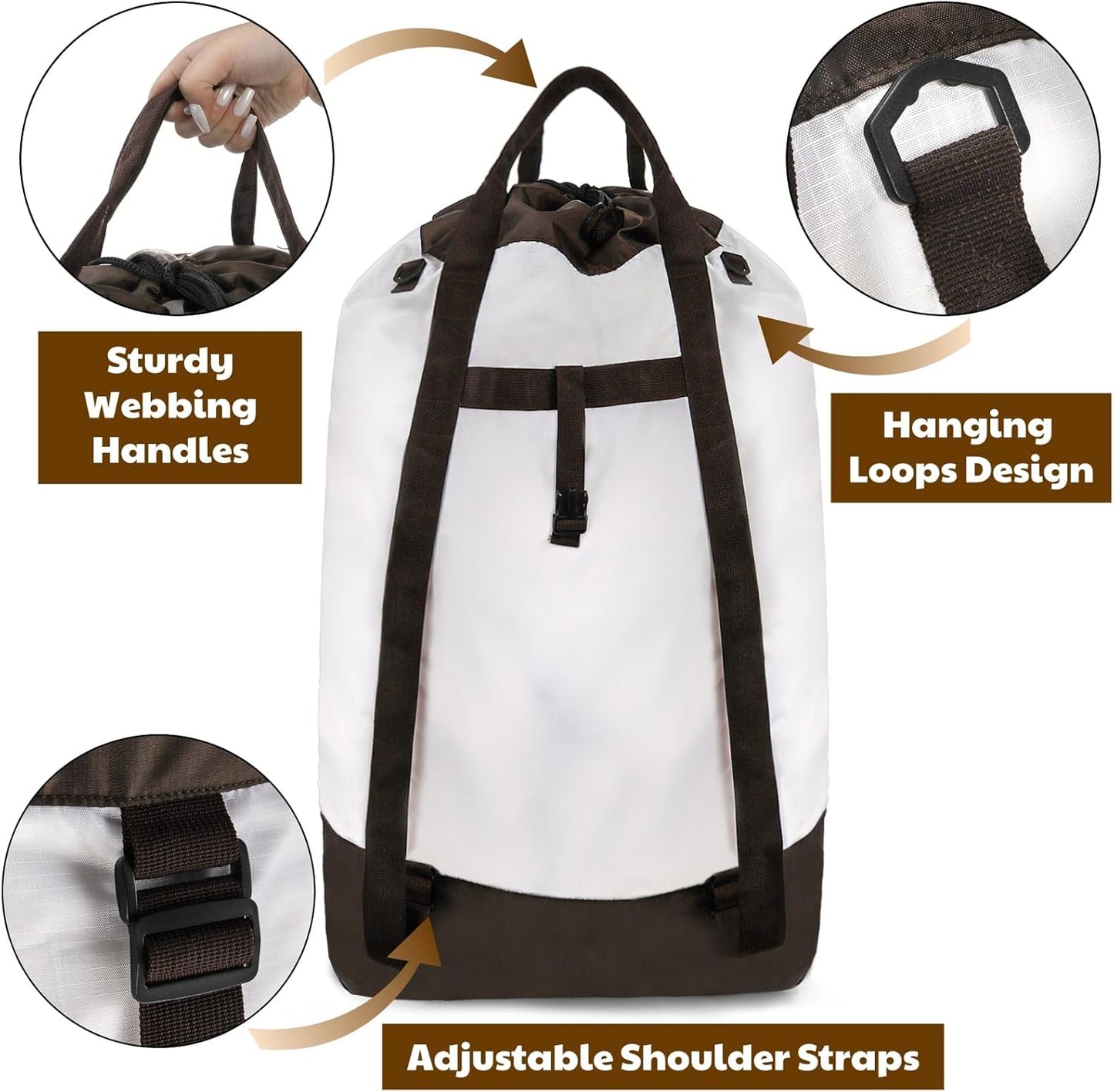 Backpack Laundry Bag, 125L Extra Large College Laundry Backpack with Shoulder Straps, Heavy Duty Dirty Clothes Hamper Bag, Drawstring Travel Laundry Bag for Dorm Apartment Laundromats, White
