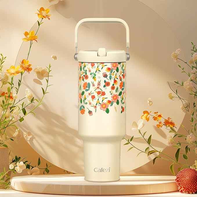 40 oz Tumbler with Lid and Straw, Stainless Steel Vacuum Insulated Tumblers with Flip Straw and Top Handle, Reusable Insulated Water Bottle for Home, Office, Leakproof, Fit in Cup Holder