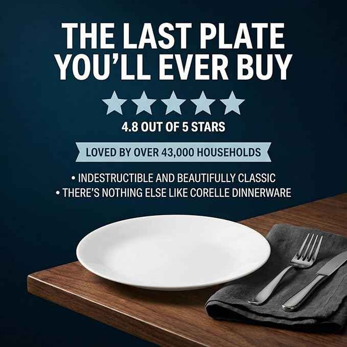 Corelle Vitrelle 6-Piece Salad Plates Set Triple Layer Glass and Chip Resistant, 8-1/2-Inch Lightweight Round Plates, Winter Frost White