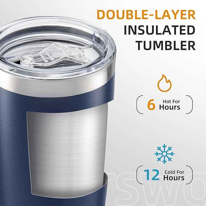 20 oz Tumbler Bulk with Lid Stainless Steel Insulated Tumblers Double Wall Vacuum Coffee Mug Powder Coated Tumbler Cups for Cold and Hot Drinks, Navy, 6 pack