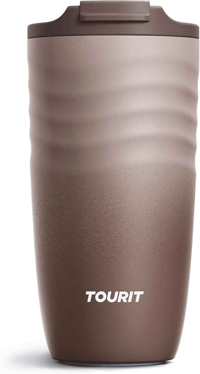 TOURIT 16 oz Travel Coffee Mug, Insulated Stainless Steel Travel Mug with Lid, Leak-Proof Double-Wall Vacuum Tumbler, Reusable Coffee Cup - Dark brown