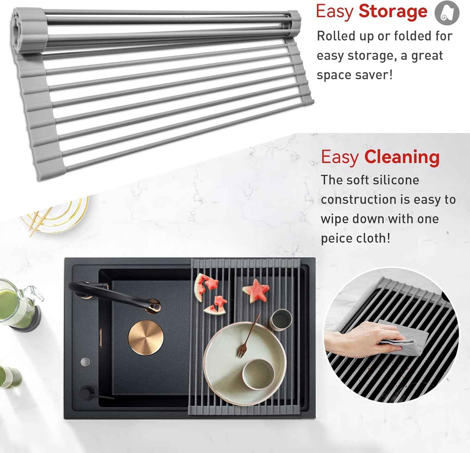 MERRYBOX Roll Up Dish Drying Rack, Over The Sink Dish Rack Foldable, Heat-Resistant, Anti-Slip Silicone Coated Steel Dish Drainer for Kitchen Sink, Multipurpose Roll Up Sink Drying Rack, 17.5" x 13"
