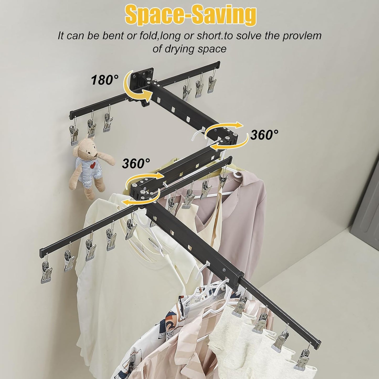 BESy Tri-Fold Foldable Clothes Drying Rack Retractable Hanging Collapsible Dryer Hanger Racks for Laundry Balcony Bathroom Space Saver Outdoor Indoor 20 Clips Aluminum Alloy Wall Mounted Matte Black