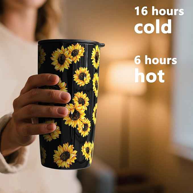 TILUCK 20 oz Insulated Tumbler with BPA-Free Lid, Stainless Steel Vacuum Travel Coffee Mug, Double Wall Coffee Tumbler for Cold Drinks（20oz，Sunflower）