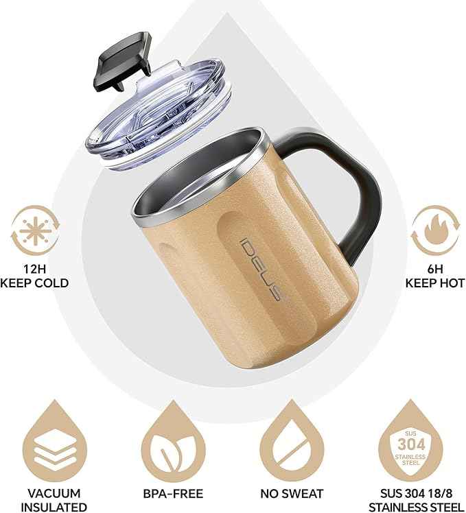 Ideus 16 oz Coffee Cup, Stainless Steel Coffee Travel Mug, Spill Proof Tea Mug with Handle and Lid, Lightweight and Durable, Great for Office Home and Outdoor Use, Golden-FUJI FLOW