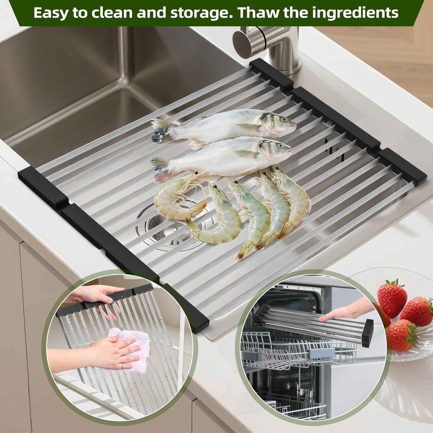 GAViA Roll Up Dish Drying Rack Over The Sink Drying Rack Stainless Steel Sink Drying Rack Kitchen Dishes Drying Mat Foldable Dish Drainer Rack Kitchen Sink Organizer Accessories
