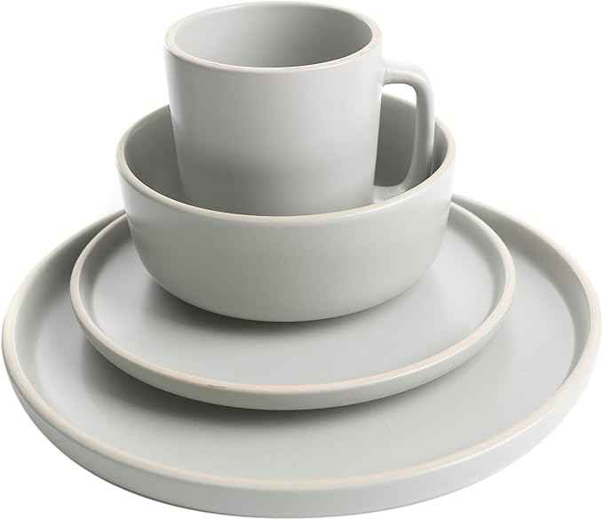 Gibson Home Zuma 16 Piece Round Kitchen Dinnerware Set, Dishes, Plates, Bowls, Mugs, Service for 4, Matte Stoneware, Light Grey