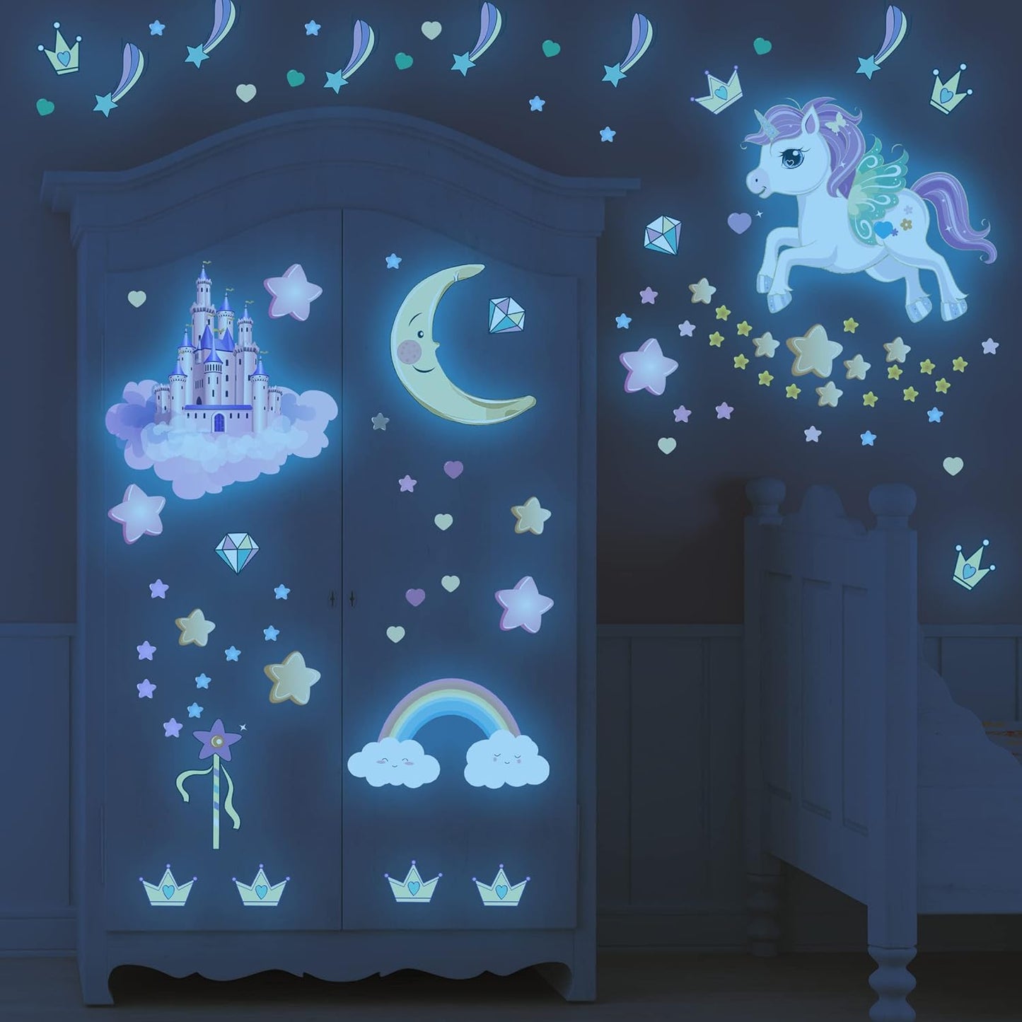 Glow in The Dark Stars and Unicorn Wall Decals, Glowing Castle Moon and Rainbow Stickers, 174 pcs Luminous Ceiling Decor for Kids Bedroom, Decoration for Girls and Boys Room (Blue)