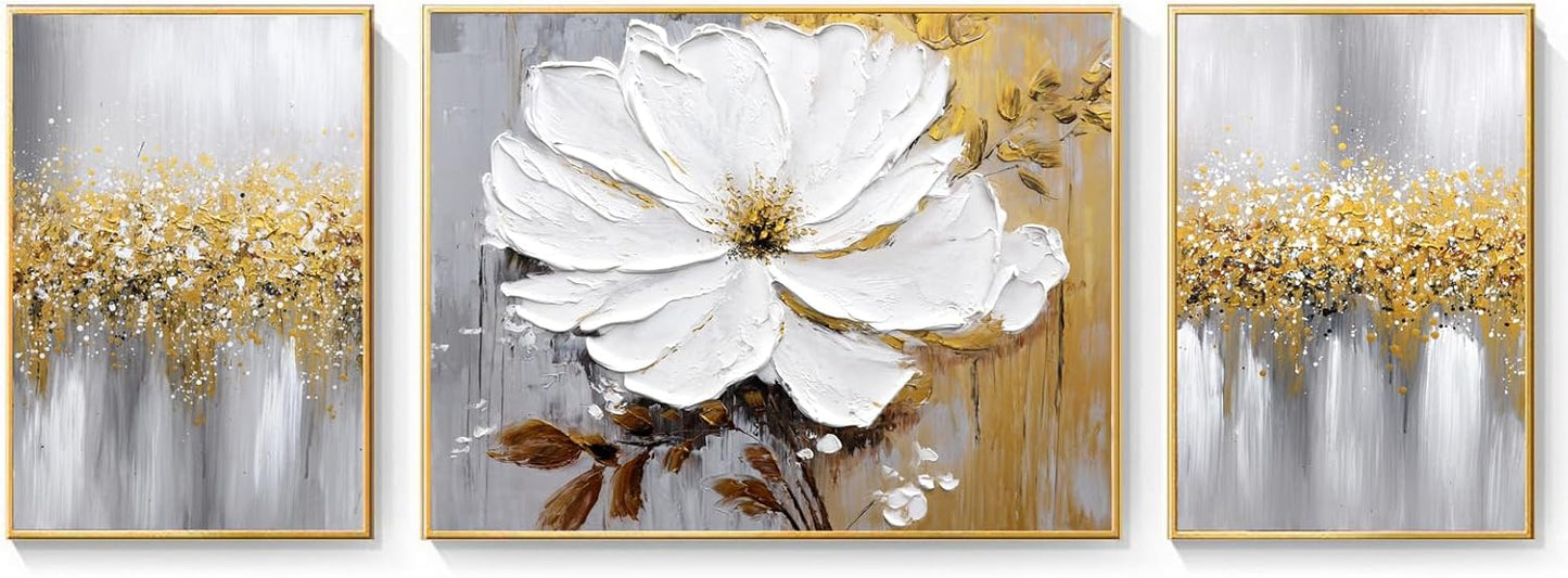 Hand-Painted Flower Oil Painting for Living Room,Framed 3D Gold and White Abstract Wall Art for Bedroom, Large 3 Pieces Floral Wall Painting for Office Home Decor 24x64 inches