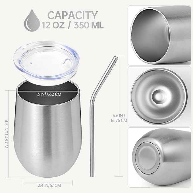 Volhoply 12oz Stainless Steel Wine Tumbler with Lid Bulk 8 Pack,Double Wall Vacuum Stemless Wine Glasses,Reusable Metal Travel Coffe Mug with Straw,Insulated Cup Gifts for Christmas（Silver,8 Set）