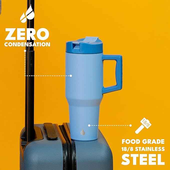 Elemental 32 oz 100% Leak Proof Tumbler with Handle & Straw - Stainless Steel Double Wall Insulated Tumbler for Hot and Cold Beverages - Travel Coffee Mug with Sip & Straw Lid - Ocean Blue