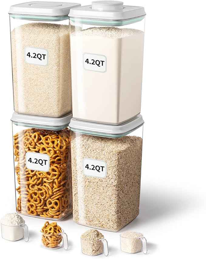 Ankou Airtight Food Storage Container with Pop Lid & 130ml Scoop, 4L/4.2qt *4 BPA-Free Cereal, Rice, Flour, Pasta & Snack Container, Stackable & Durable,Kitchen Pantry Organizer