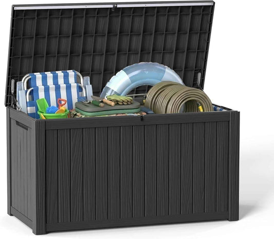 200 Gallon Outdoor Storage Deck Box Waterproof Resin Lockable Outside Bench Porch Patio Furniture Pool Float Garden Tool Cushion UV Resistant Bin Black