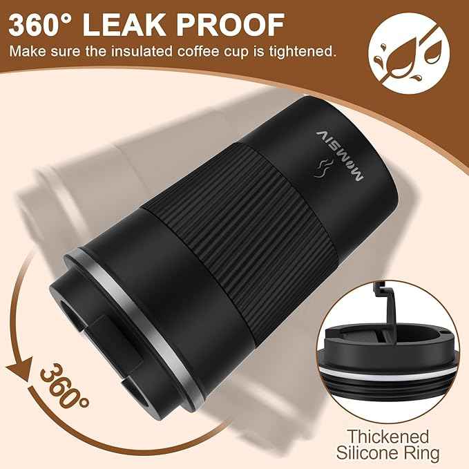 MOMSIV 12oz Travel Mug, Insulated Coffee Cup with Leakproof Lid, Vacuum Stainless Steel Double Walled Reusable Tumbler for Hot and Cold Water Coffee and Tea In Travel and Car (Black - 380ml)