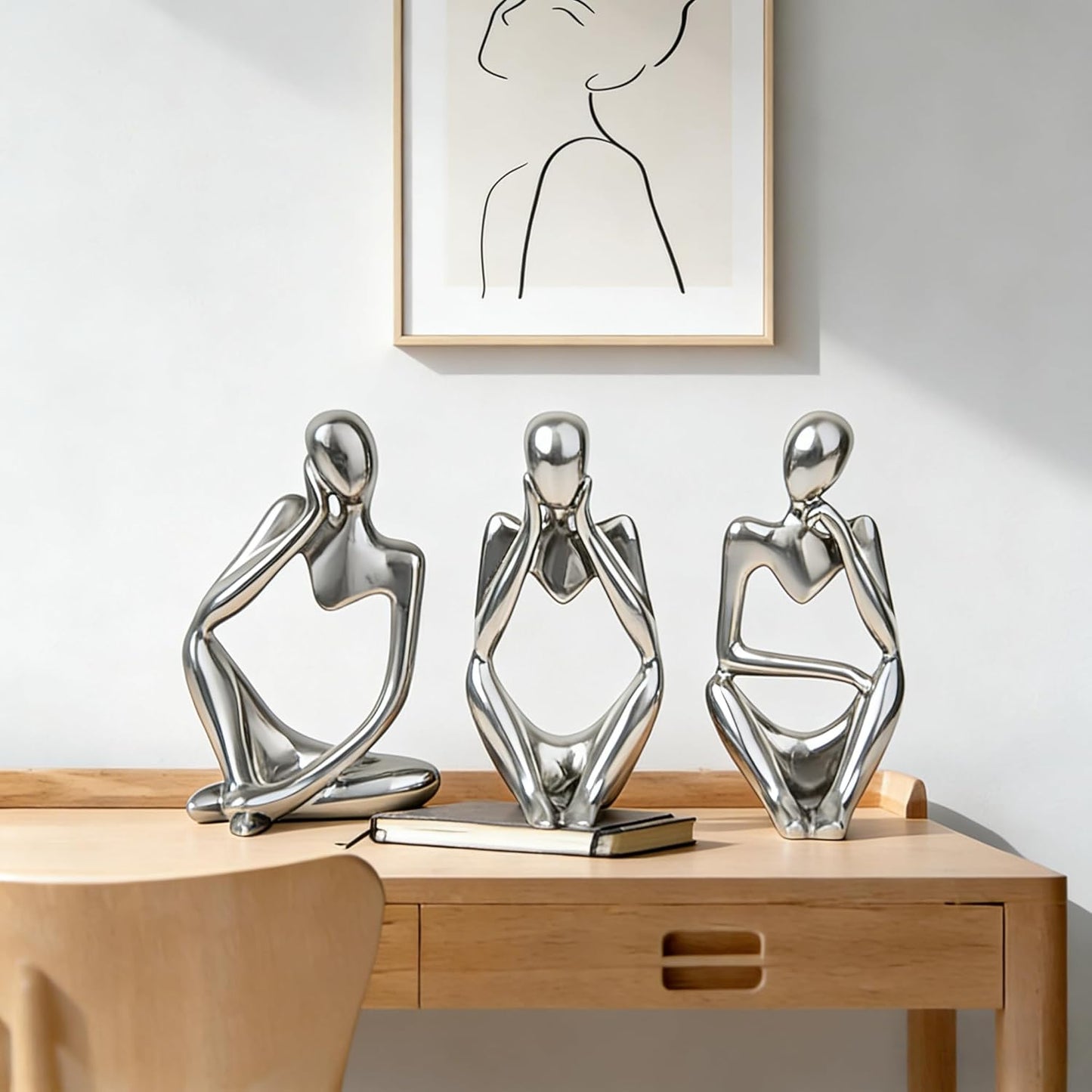 XINXUAN Thinker Statue Home Decor-Bookshelf & Living Room&Mantel-Collectible Figurines - 3 PCS Set (Silver)