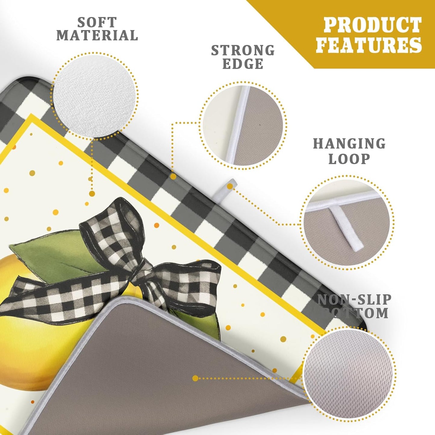 Lemon Dish Drying Mat for Kitchen Counter Spring Summer Black White buffalo Check Plaid Seasonal Absorbent Reversible Microfiber Kitchen Countertop Protector Dishes Pad Large 18x24 inch