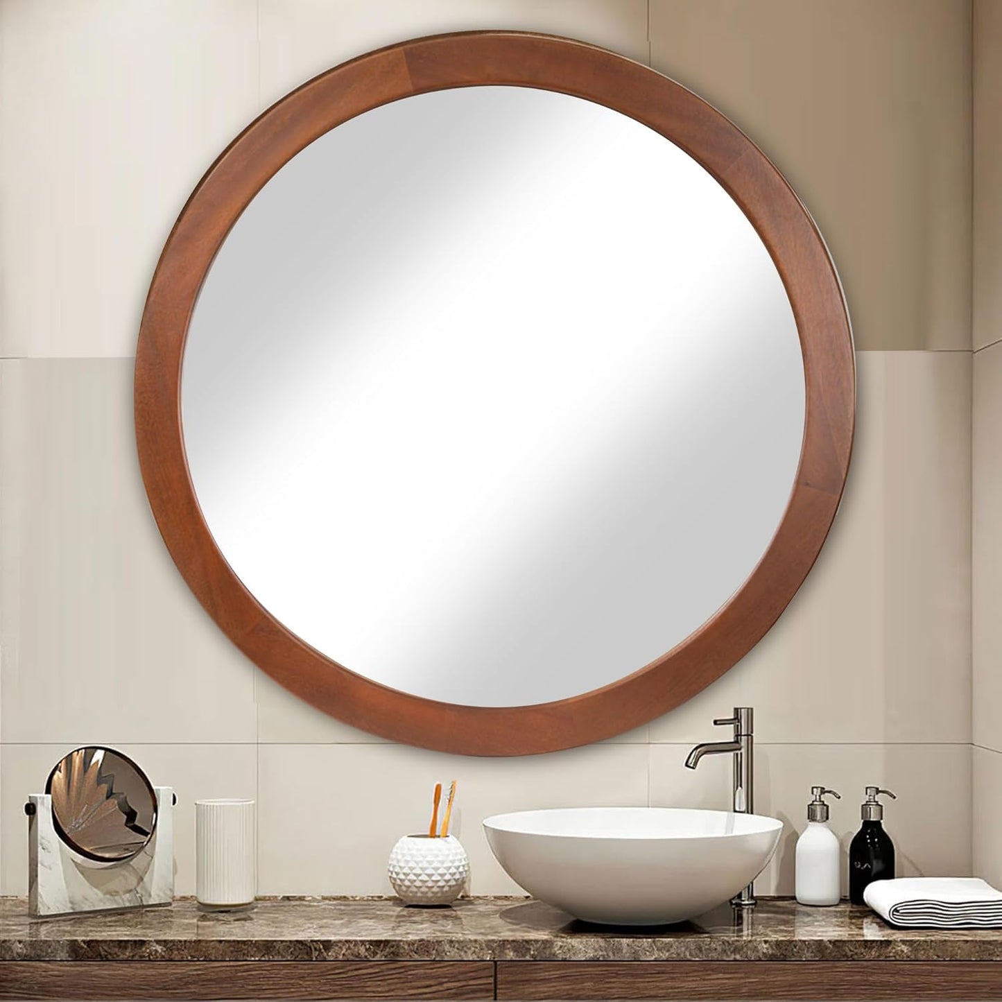 CULER Round Mirror 36 Inch,Wood Rustic Bathroom Tempered Wall Mirror with Walnut Frame,Farmhouse Wooden Vanity Circle Mirrors for Living Room,Entryway or Bedroom（Walnut Brown）