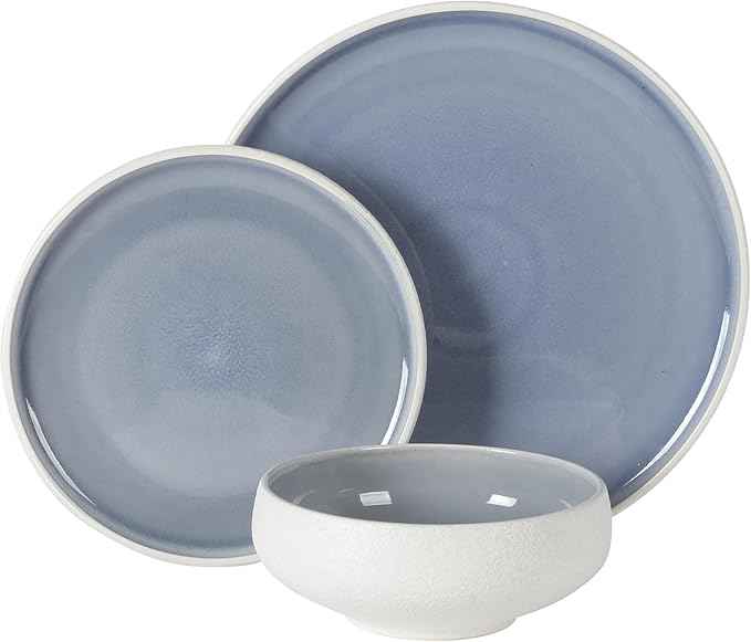 Gibson Elite Pacifco Beach Plates and Bowls Sets, 12-Piece Stoneware Dinnerware Sets, Reactive Glaze Dish Set - Blue