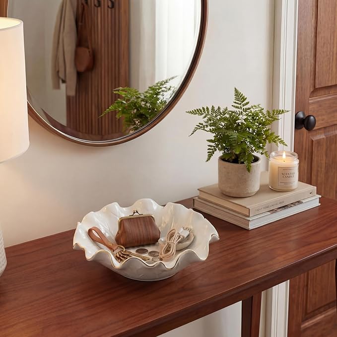 2 Pack White Lotus Ceramic Decorative Bowls 7.48 x 2.56 Inch Ruffle Lotus Leaf Scalloped Bowl with Gold Trim for Coffee Table Counter Keys Coins Catchall