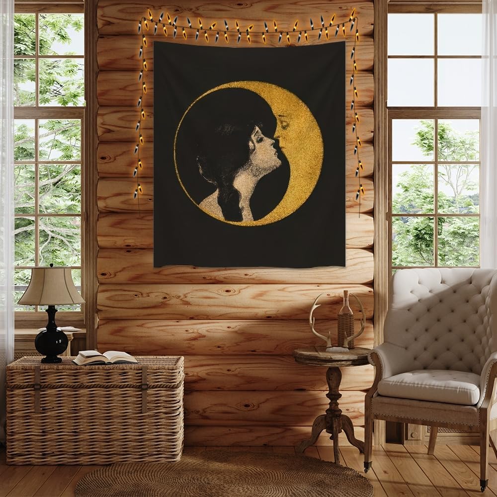 Dark Academia Woman Kissing Moon Art Tapestry Gothic Aesthetic Wall Hanging Witchy Picture Print Moon Goddess Tapestries Wall Decor for Living Room Bedroom Dorm 70x90inch