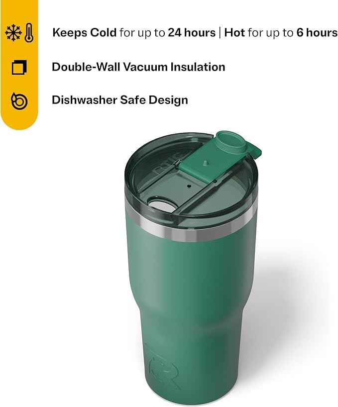 RTIC 30oz Essential Tumbler with Lid, Ceramic Lined, Insulated, Stainless Steel, Metal, Double Wall Vacuum-Insulation, Travel Cup for Iced Coffee, Tea, Hot and Cold Drink, Pine Tree