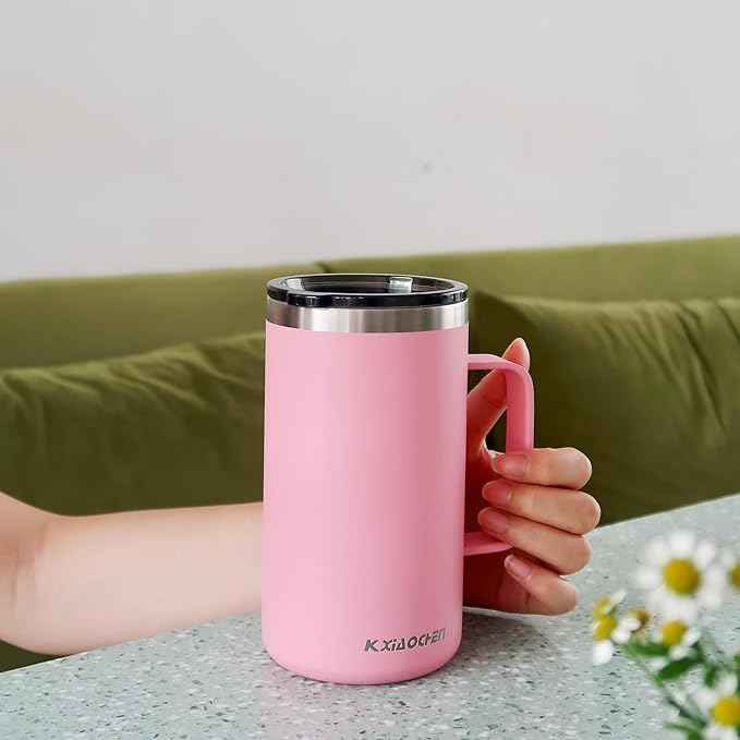 KXIAOCHEN 20oz Insulated Coffee Mug with Lid, Stainless Steel Coffee Cup, Double Wall Vacuum Coffee Tumbler with Handle, Premium Thermal Travel Coffee Mug (Pink)