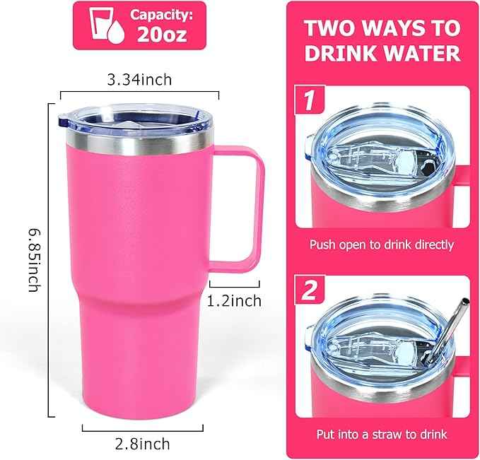 20 oz Tumbler with Handle, insulated cup coffee mug with lid, straw and handle, Double Wall Stainless Steel Vacuum Coffee Tumbler travel mug spill proof, 1pcs Rose Red