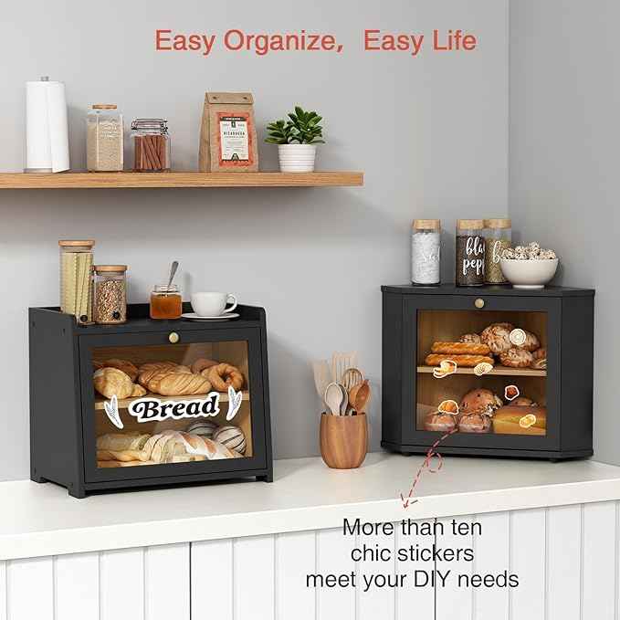 Goozii Corner Bread Box for Kitchen Countertop, Black Bread Storage Container for Homemade Bread, Two Layer Breadbox under Cabinet Mount, Large Bread Holder for Kitchen Counter, Pantry Shelf