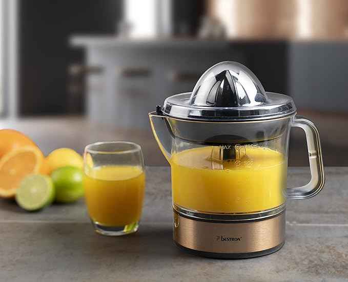 Bestron Juicer, electric citrus and orange juicer, incl. 2 juicer cones and aromatic lid, motor with two directions of rotation (left/right), capacity: 0.7 litres, 40 watts, covers