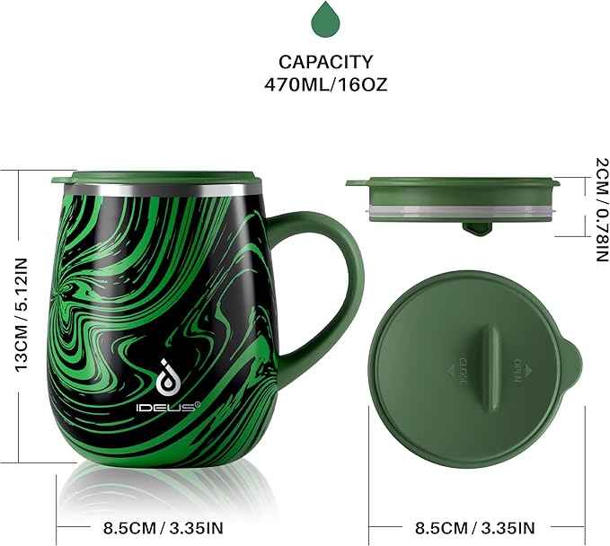 Ideus 16 oz (470 ml) Insulated Coffee Mug with Handle and Lid, Double Wall Stainless Steel Vacuum Thermal Coffee Mug, Travel Coffee Cup Thermal Cup for Home and Office (Green Zebra)
