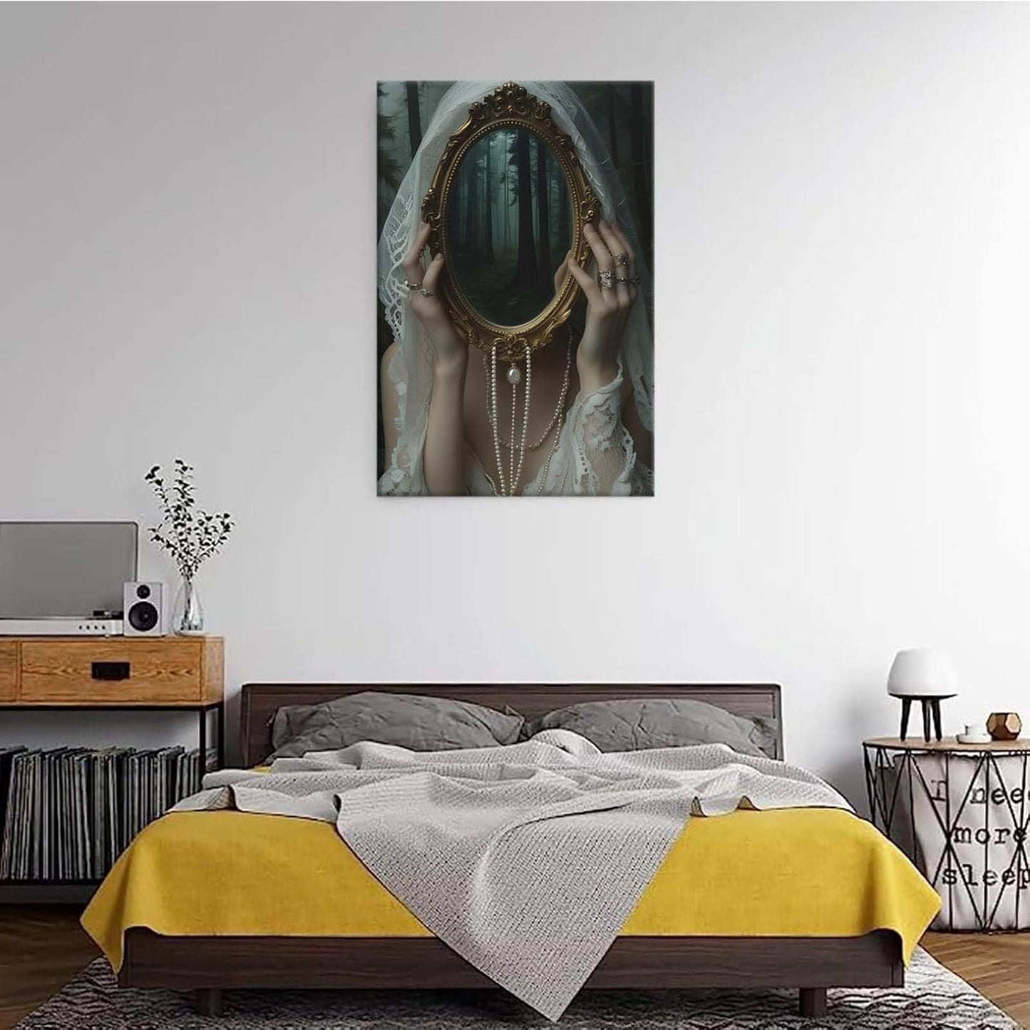 Mirror face covering dark art poster print melancholy gothic painting vintage feminine print victorian style decoration antique art12x16in Wood Framed