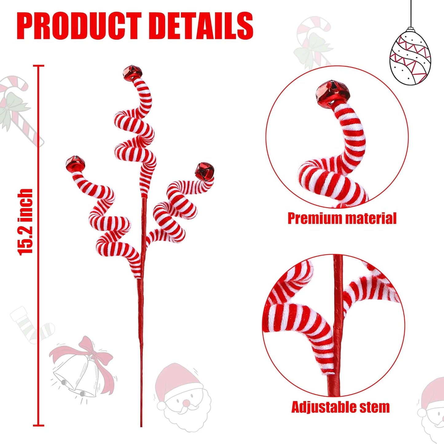 Sggvecsy 6 Pcs Christmas Tree Decoration Candy Cane Woolen Bells Candy Shape Christmas Tree Picks Christmas Bell Curly Picks Ornaments Xmas Tree Topper for Vase Filler Office Home Decor (Red)