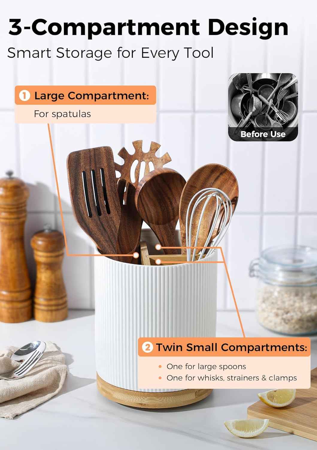 LoeJan 7.5" Utensil Holder, 3 Compartment Ceramic Kitchen Utensil Holder with Cork Bottom, Large Utensil Crock for Countertop, Cooking Tool Organizer Set for Kitchen Counter(White,Vertical Stripe)
