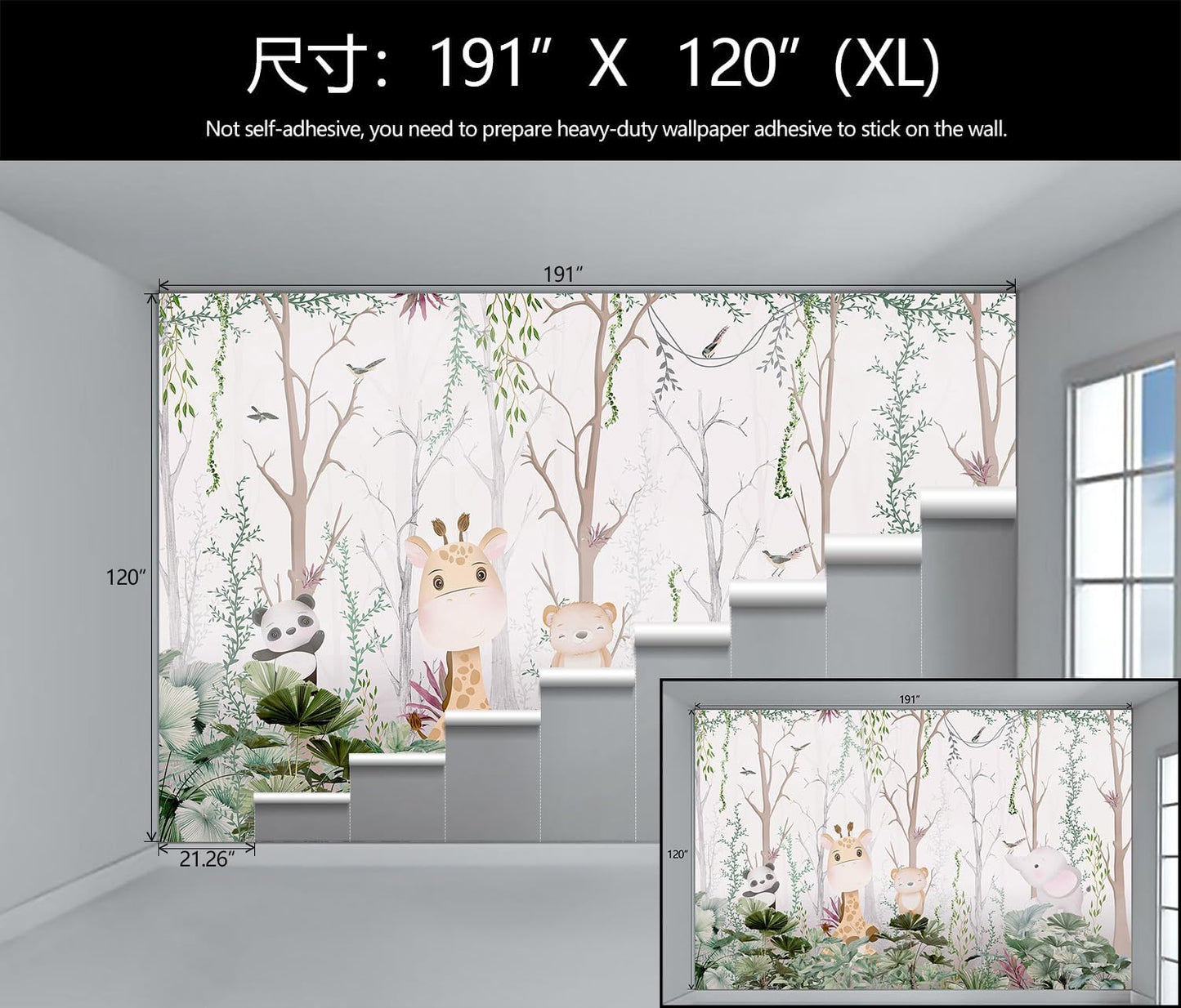 WFBHUA-Kids Tree Wallpaper Cute Animals Plants Bird Wall Decor Mural for Nursery Boys Girls Bedroom Room (Not Peel and Stick)