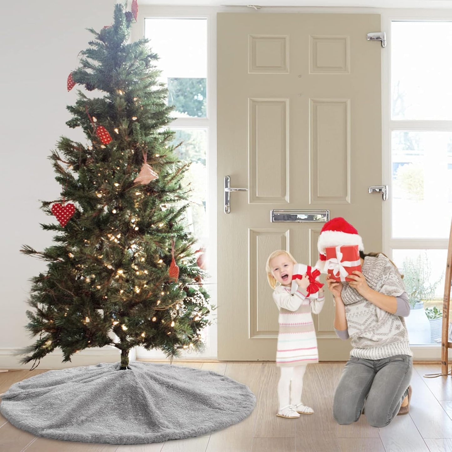 Grey Christmas Tree Plush Skirt 24 Inches Small Faux Fur Xmas Tree Skirt Base Cover Mat with Shiny Streamers for Christmas Tree Holiday Home Party Decorations - 60cm