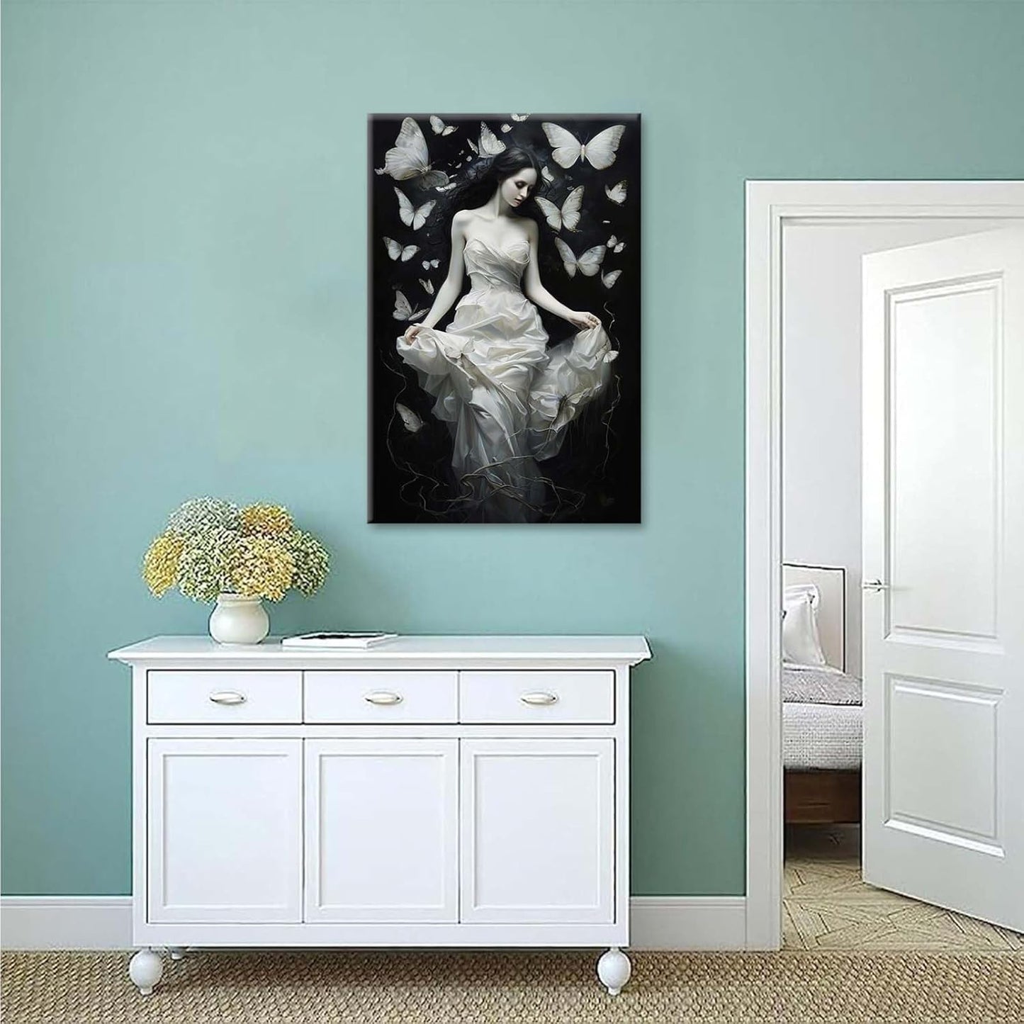 Vintage Gothic Feminine Canvas Wall Art Print Butterfly Poster Moody Preppy Wall Art Dark College Decor for Home Bedroom16x24in Wood Framed