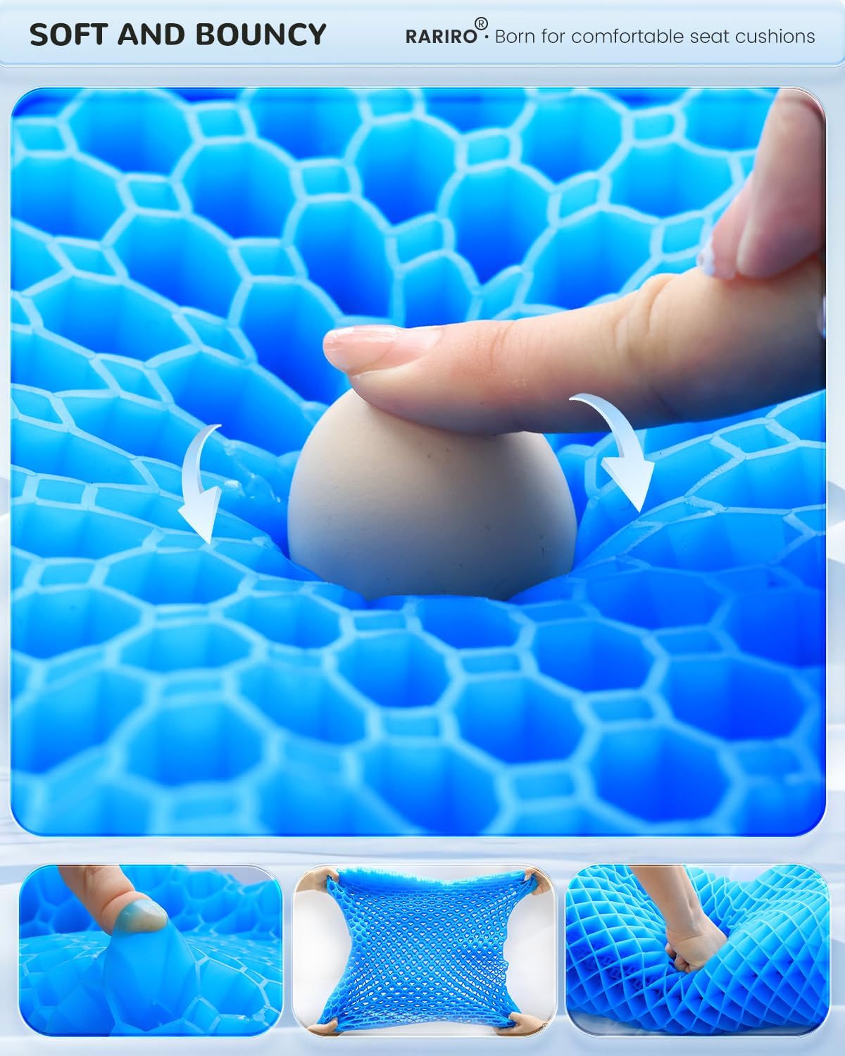 Gel Seat Cushion for Long Sitting(Enlarged & Thickened), Cooling Pressure Relief Seat Cushion for Wheelchair, Driving, Kayak, Office Desk Chair Seat Pad Gel for Heavy People[Blue-19.7" Large]
