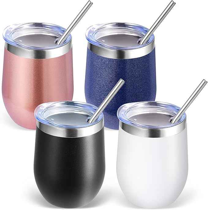 Volhoply 12oz Stainless Steel Wine Tumbler with Lid Bulk 4 Pack,Double Wall Vacuum Stemless Wine Glasses,Reusable Metal Travel Coffe Mug with Straw,Insulated Cup Gifts for Women,Christmas（Mix,4 Set）