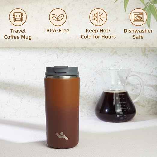 Konokyo Tumbler with Lid, 12 oz Travel Coffee Mug Double Wall Vacuum Stainless Steel Thermal Metal Cup Insulated Water Bottle,Caramel