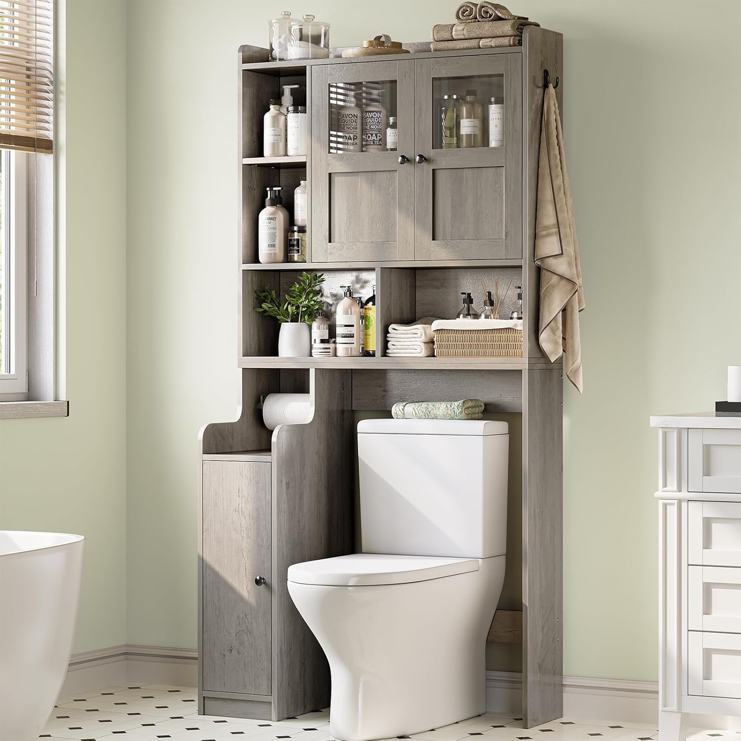 Itaar Over The Toilet Storage Cabinet, Over Toilet Bathroom Organizer with Glass Doors & Toilet Paper Holder Stand, Home Space-Saving Toilet Rack, for Bathroom, Restroom, Laundry, Grey - Lumora Casa
