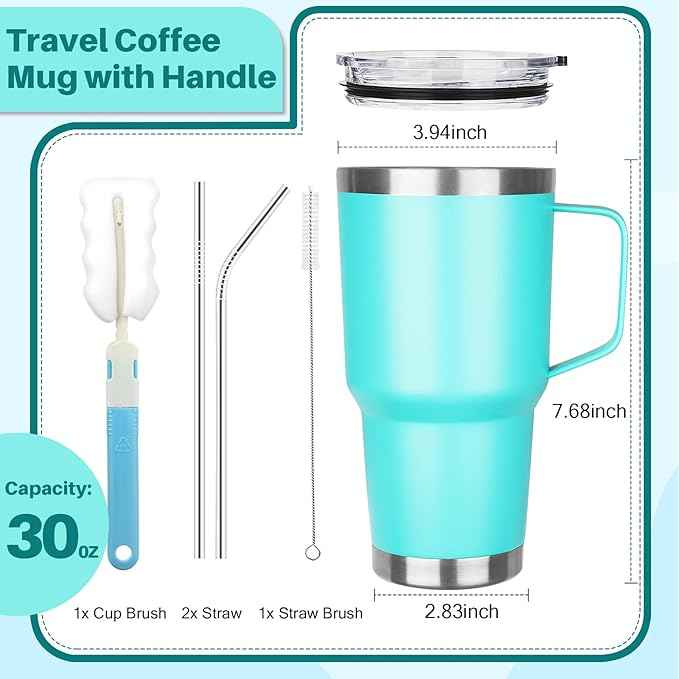 30 oz Stainless Steel Tumbler with Handle, Double Wall Vacuum Insulated Coffee Mug Tumbler with Lid and Straw, Thermal Cup for Cold and Hot (Mint Green)