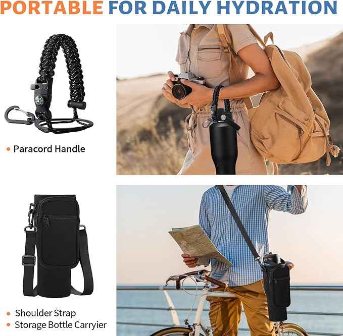 40 oz Water Bottle with Straw That Fits in Car Cup Holder, Cold 48H Hot 24H, Leakproof Stainless Steel Flasks Thermo Jug, Paracord Handle, Carry Pouch with Shoulder Strap