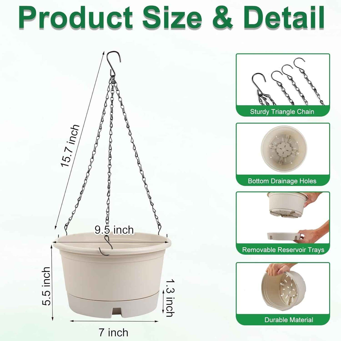 10 Inch Hanging Planters for Indoor Plants, 4 Pack Plastic Hanging Baskets with Removable Trays & 15.7" Chain, Outdoor Hanging Plant Pot for Home Garden Porch Balcony Patio Decor (Beige)